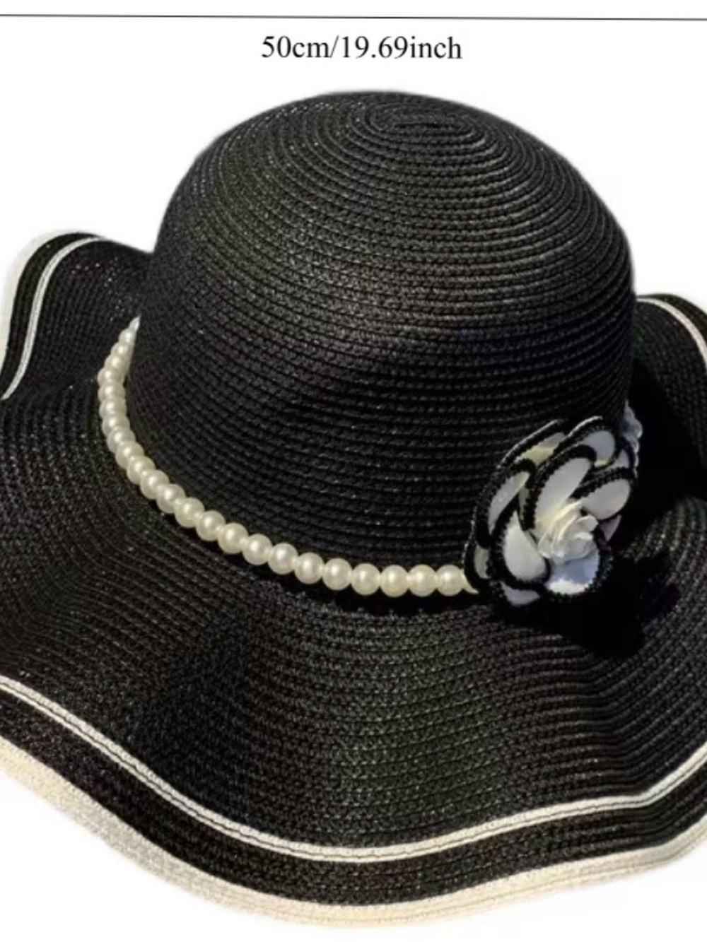 Elegant Black Wide-Brim Pearl Trim Sun Hat with Floral Accent - Picture 3 of 7